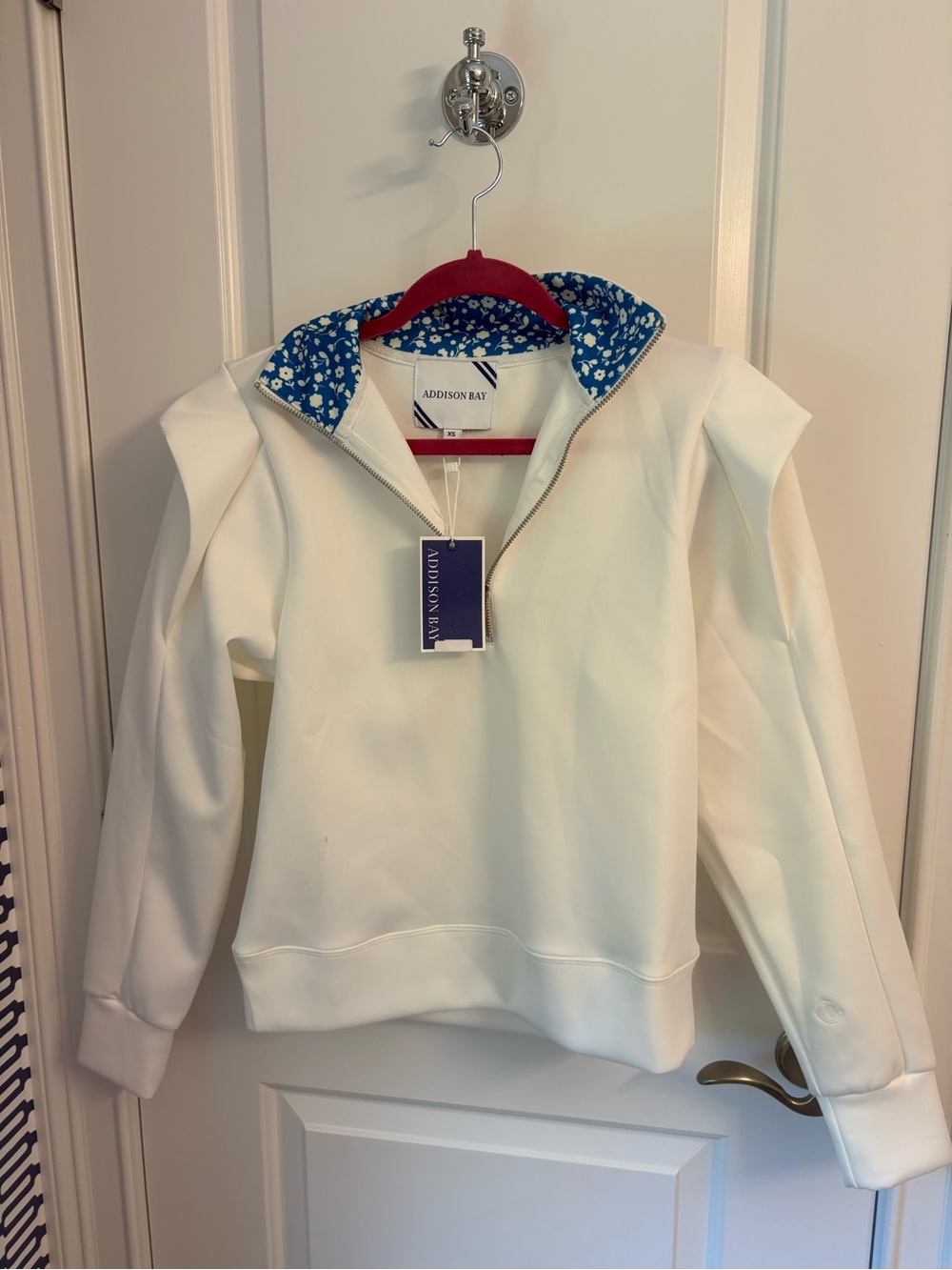 Addison Bay White Quarter-Zip Pullover with Blue Floral Collar